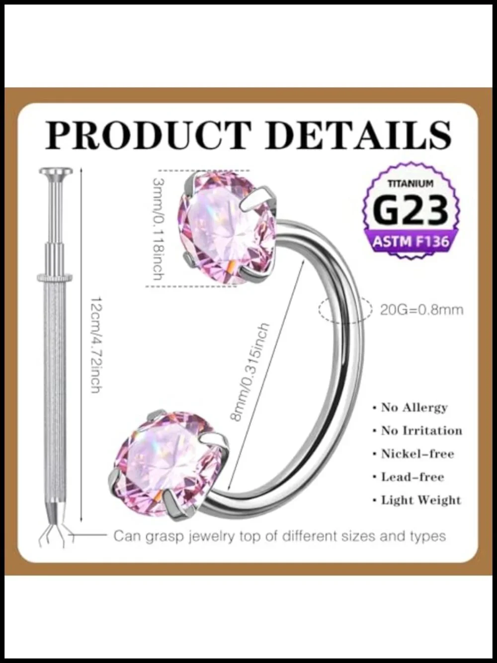 G23 Titanium Horseshoe Nose Ring 18G 20G Double Gem Hypoallergenic for Women